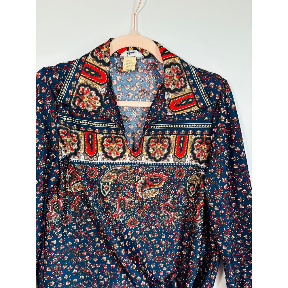 Vintage 70s Floral Paisley Poly Henley Collar Mardi Modes Size Large View 4